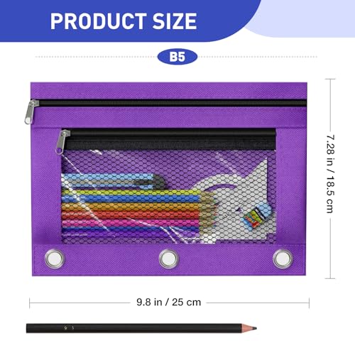 Image of Pencil Pouch for 3 Ring Binder - 3 Hole Zipper Pen Case Bag Holder Bulk Accessories Clear Window Aesthetic Organizer Pockets