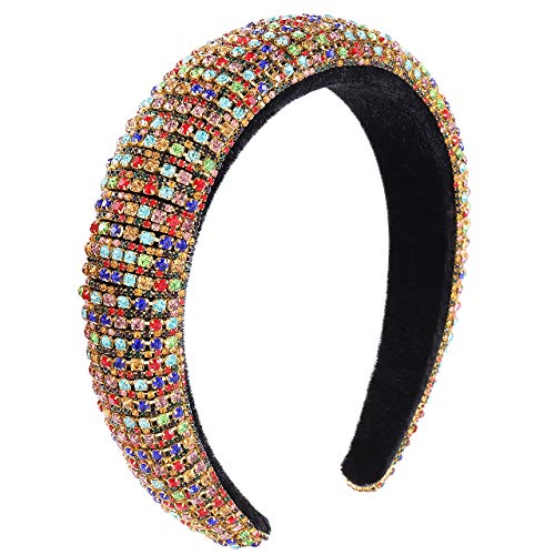 Rhinestone Padded Headbands Bejewelled Crystal Velvet Hairband Hair Hoop Baroque Statement Wide Headband Women Wedding Bridal Party Headwear Hair Accessory (colorful rhinestone)