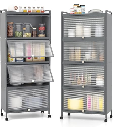 GIANTEX Armario de Cocina de Metal con 4 Compartimentos, 60 x 32 x 154 cm, 4 Puertas Abatibles de PC, Armario de Almacenamiento con 4 Ruedas con Kit Antivuelco, para Cocina, Comedor (Gris)