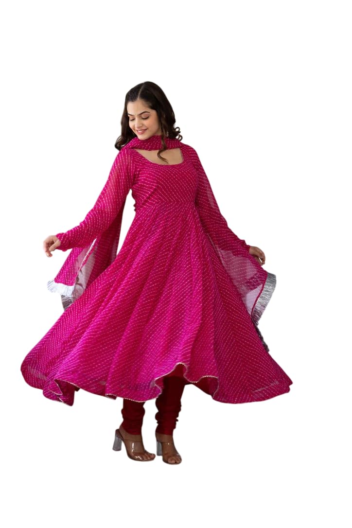 Women's Georgette Leheriya Print Anarkali Kurta with Dupatta and Churidar Set | Pink Flared Long Kurti Suit Set for Weddings, Festivals & Ethnic Wear-picture-26