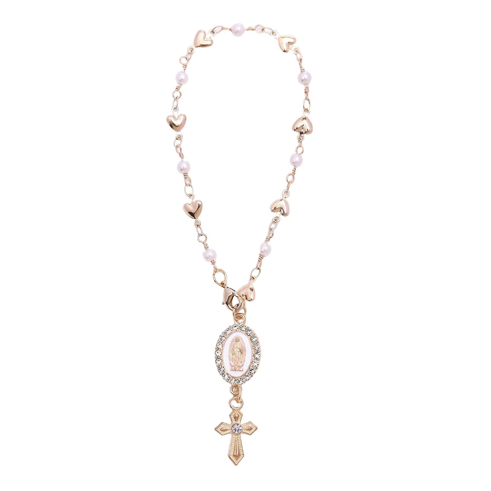 Steering Wheel Rosary Charm, Steering Wheel Accessory with Virgin Mary Charm & Cross, Pearl Heart Chain Catholic Car Interior Hanging Decor (White)