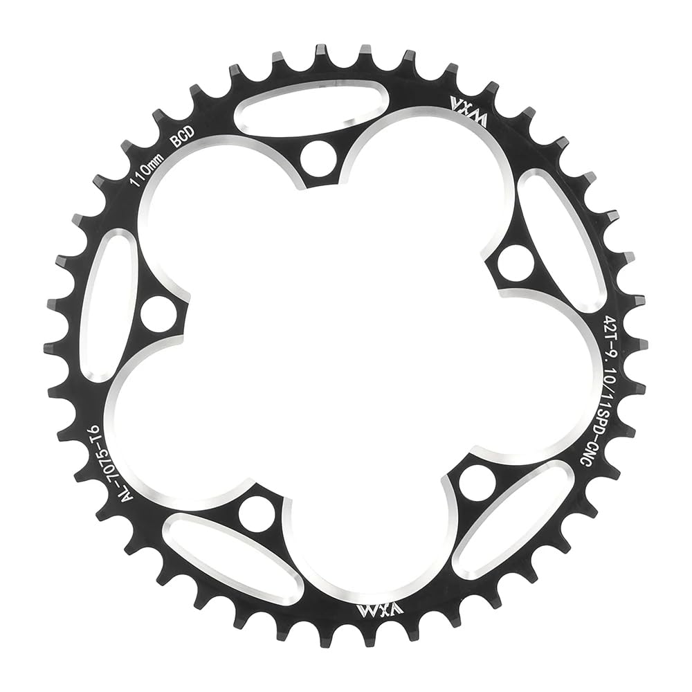 KTKEET 110/130BCD Chainring 36/38/40/42/44/46/48/50/52/54/56/58/60T Round Narrow Wide Chainring 5 Bolts Bicycle Chainwheel for 8-12 Speed Road Bike Folding Bicycle (Black,110BCD 42T)