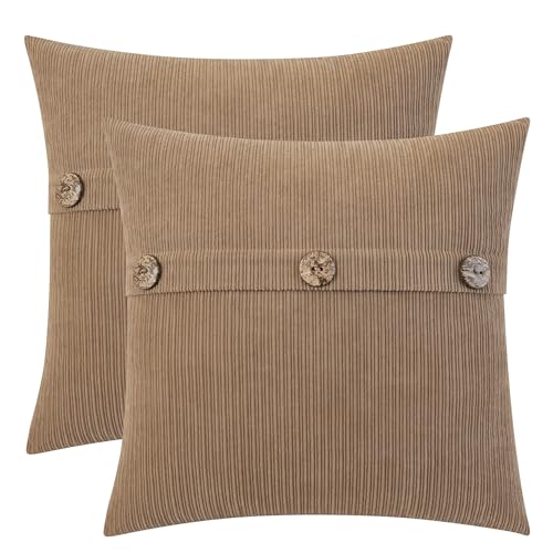 HWY 50 Taupe Chenille Throw Pillow Covers 22x22 Inch Buttons Pack of 2