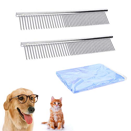Huture 2 Pack Pet Detangling Comb Stainless Steel Grooming Dog Cat Deshedding Removes Tangles Knots Tear Stain Poodle Finishing Butter Comb DIY Self Cleaning Slicker+1 towel