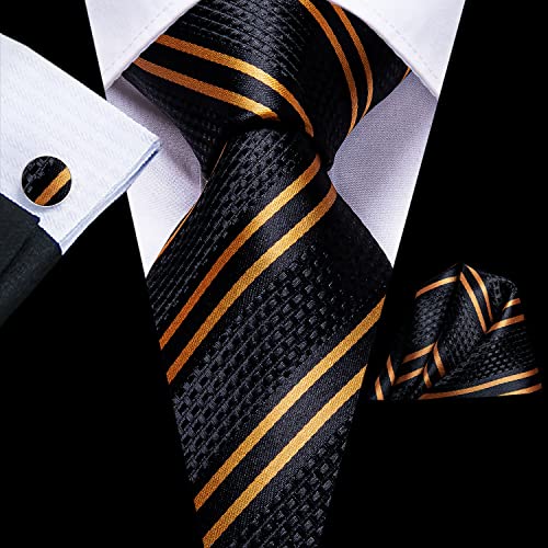 Dubulle Black And Gold Stripes Ties For Men Silk Mens Black Necktie Pocket Square Cufflinks Set Wedding #TOP4