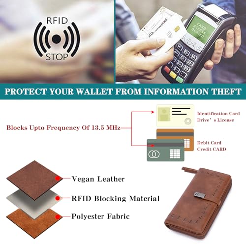 Image of Wallet for Women Large Capacity RFID Blocking Leather Bifold Card Holder with Zipper Change Pocket