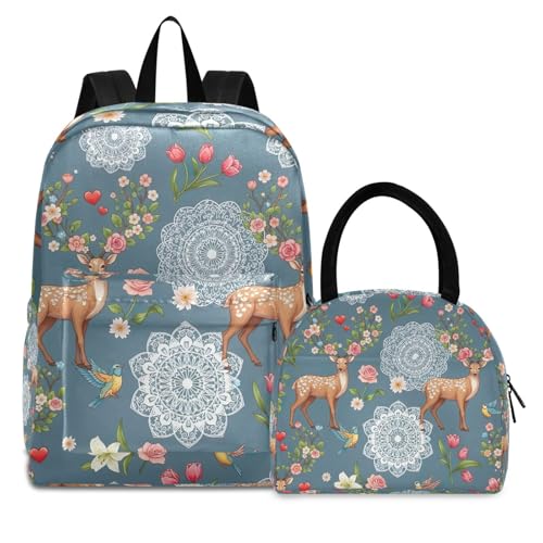 Sac à dos imperméable pour livre avec boîte déjeuner à motif cerf vintage floral pour fille