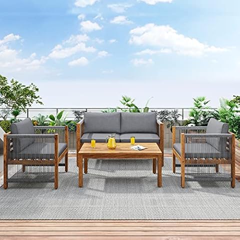 Gartenlounge-Set aus Rattan, Gartenmöbel Set mit bequemem Kissen, Doppelsofa,2 Sessel und Tisch, für den Außenbereich Terrasse, Gartenlounge, grau (Nayure) Cover