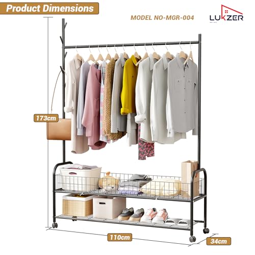 Image of Lukzer | MGR-004 | Black | Metal Cloth Stand & Garment Organizer with Wheels, 2 Bottom Shelves & Mesh Base - Freestanding Coat Rack for Bedroom, Laundry, Office & More | 173 x 110 x 35 cm