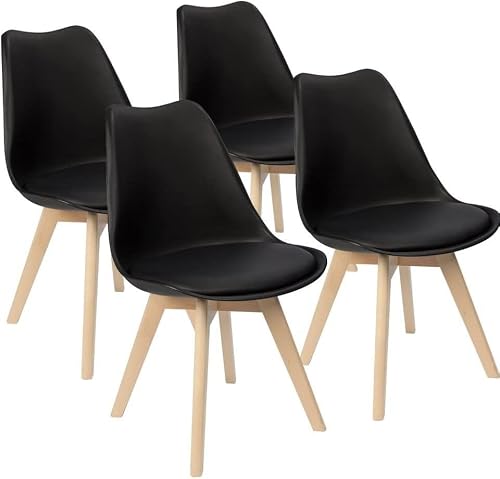 SMTE Padded Seat Wooden Leg Dining Chairs - Pack of Four - Black Colour with keychain