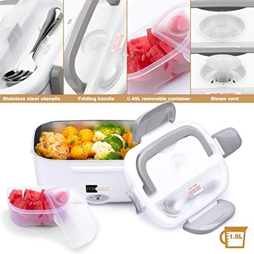 FORABEST Electric Lunch Box Food Heater 2-in-1 Portable Food Warmer Lunch Box for Car & Home  Leak Proof, 2 Compartments, Removable 304 Stainless Steel Container, SS Fork & Spoon and Carry Bag
