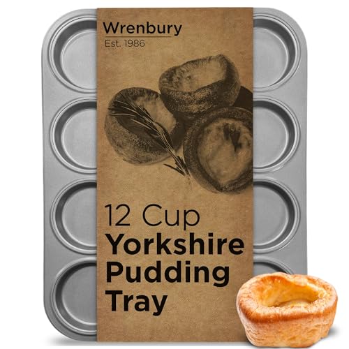 Wrenbury Bandeja para hornear pudín Yorkshire endurecido, 12 tazas, lata plateada poco profunda para pudín Yorkshire, ideal para sapos en el agujero y tartas de mermelada, antiadherente