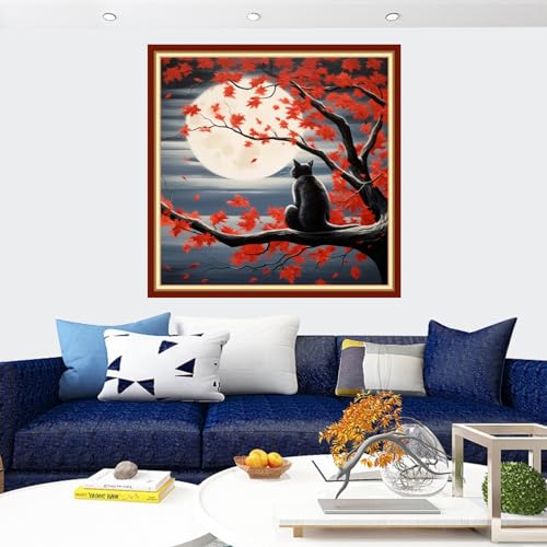 Image of Findvoor Stamped Cross Stitch Kits for Beginners Full Range of Cross Stitching Embroidery Pattern for Adults, 11CT DIY Needlepoint Embroidery Starter Kits-Cat Watching Moon 17.7x17.7 inch