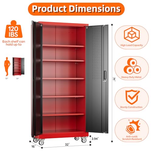 Image of 71 in Garage Storage Cabinet with Wheels, Black and Red
