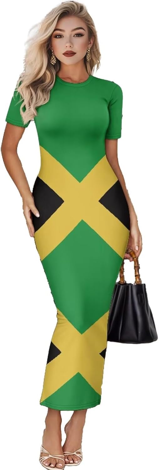 Womens Short Sleeve Jamaican Flag Midi Bodycon Dress Casual Crewn Neck Pencil Long Dress Plus Size
