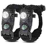 22 in 1 Emergency paracord bracelet, HNYYZL 2 Pack Upgrade Tactical Paracord Bracelet Everyday carry Gear- LED Light, Compass, Fire Starter, Whistle, Knife, Etc, for Outdoor Camping Hiking(Black)