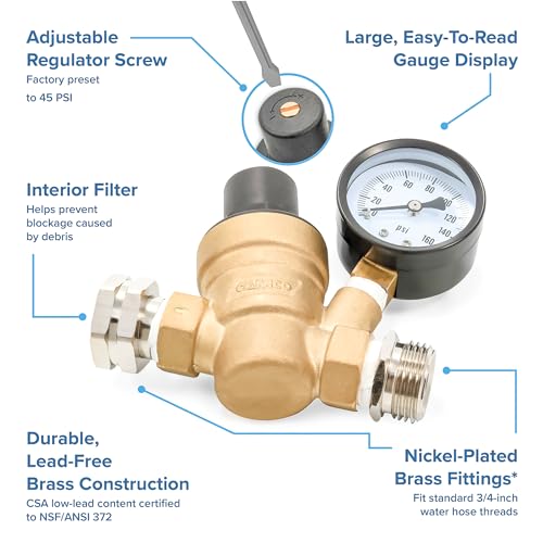 Camco Adjustable RV Water Pressure Regulator - Help Stop Damage to RV & Marine Appliances, Plumbing Fixtures, and Hoses - Features Standard Garden Hose Threads for Simple Hookup - 40058