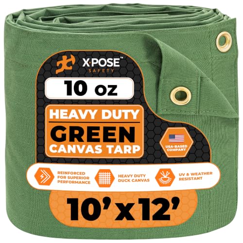 Image of Xpose Safety Canvas Tarp - 10oz Green Canvas Tarps Heavy Duty Water Resistant with Brass Grommets- Multipurpose Outdoor Tarpaulin for Camping, Canopy, Trailer, Equipment Cover 10' x 12'
