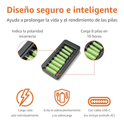 Cargador de baterías Amazon Basics mostrando características de seguridad e indicadores de carga para pilas.