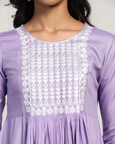 Tadkee Women's Naira Cut Purple Kurta With Pant (Fn-Naira-Cut-Leaf-Pair-103-Purple-S)