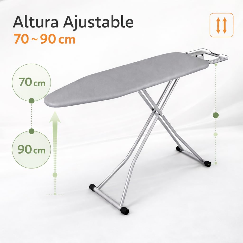 Tabla de Planchar Grande y Plegable con Altura Regulable Desde 70 a 90cm | 120x35cm | Estructura metálica | Soporte de Plancha Antideslizante | Funda rellena de algodón Resistente al Calor | Ligera