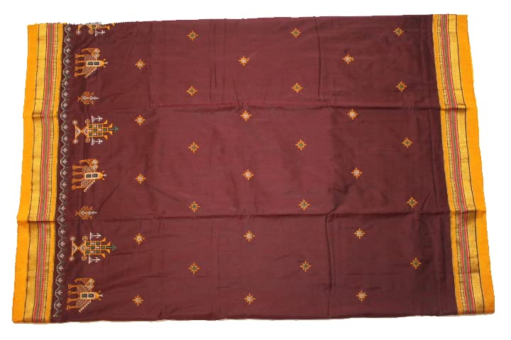 Image of Women Ilkal Cotton Blended Silk Kasuti Embroidery Saree with Traditional Stripe Pallu Unstitched Blouse Pattu