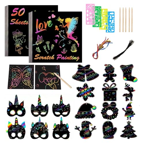 68 peças Scratch Art para crianças, com 12 folhas de natal, 6 máscaras de unicórnio, 50 notas mágicas pretas, para conjunto de imagens para raspar animais marinhos (estilo de férias)