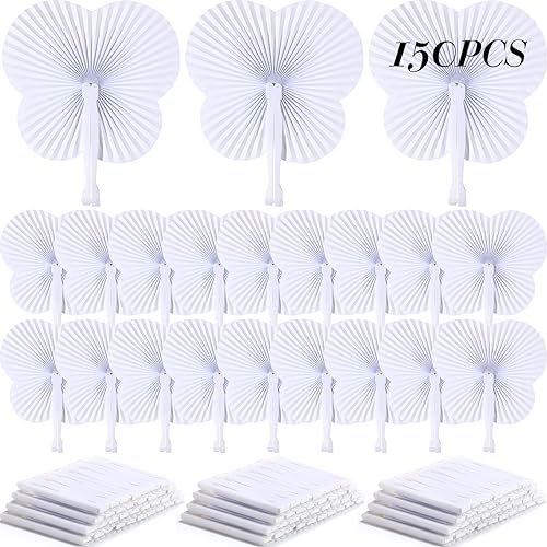 Chuangdi 150 Pcs Wedding Paper Fans Bulk Butterfly Shaped White Folding Handheld Fans for Wedding Guests Favors Birthday Anniversary Summer Outdoor Party Decorations Gifts Bridal Shower DIY Crafts