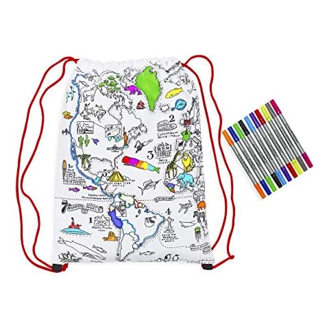 eatsleepdoodle World Map Drawstring Backpack - Colour Your Own Map Backpack - educational fun geography learning Colouring Backpack with Wash out felt tip fabric pens Cover