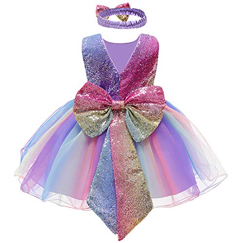 Flower Girl Rainbow Sequin Bowknot V-Back Tutu Dress for Kids Baby Christening Baptism Communion Birthday Party Dress Toddler Princess Pageant Wedding Gown with Headwear Purple - Rainbow 3-4 Years Flower Girl Rainbow Sequin Bowknot V-Back Tutu Dress for Kids Baby Christening Baptism Communion Birthday Party Dress Toddler Princess Pageant Wedding Gown with Headwear Purple - Rainbow 3-4 Years