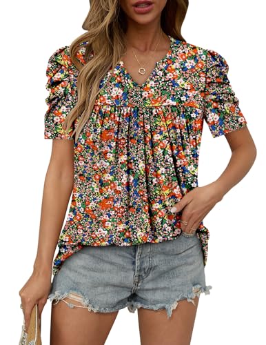 KISSMODA Tops for Womens Summer Cute Short Sleeve Shirts Trendy Notched Neck Blouses Casual Loose Pleated Tunics S-3Xl