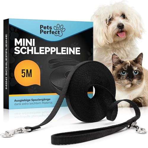PETS PERFECT SCHLEPPLEINE 5M – Lange Leine Hund für Training & Freilauf – Schleppleine Kleine Hunde extra leicht & robust für Hunde und Katzen – Schwarz