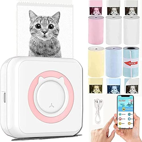 TVAIGER Mini Printer Portable, Inkless Sticker Printer, Wireless Bluetooth Thermal Printers with 6 Rolls Printing Paper for Label Receipt Photo Notes and Memos (Pink)