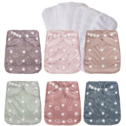 Image of Washable Reusable Cloth Diapers for Babies - Adjustable Newborn Pocket Diapers, 6 Pack with 6 Microfiber Inserts