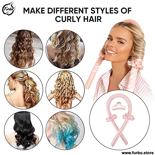 Image of FURBO Mulberry Silk Heatless Hair Styling Curling Rod Set | Hair Curler with Scrunchies & Clutcher Headband | Create Heatless Curls & Waves Without Damage | Soft Silk Curl Rod Styling Tool for All Hair Types | Pink 2 Set