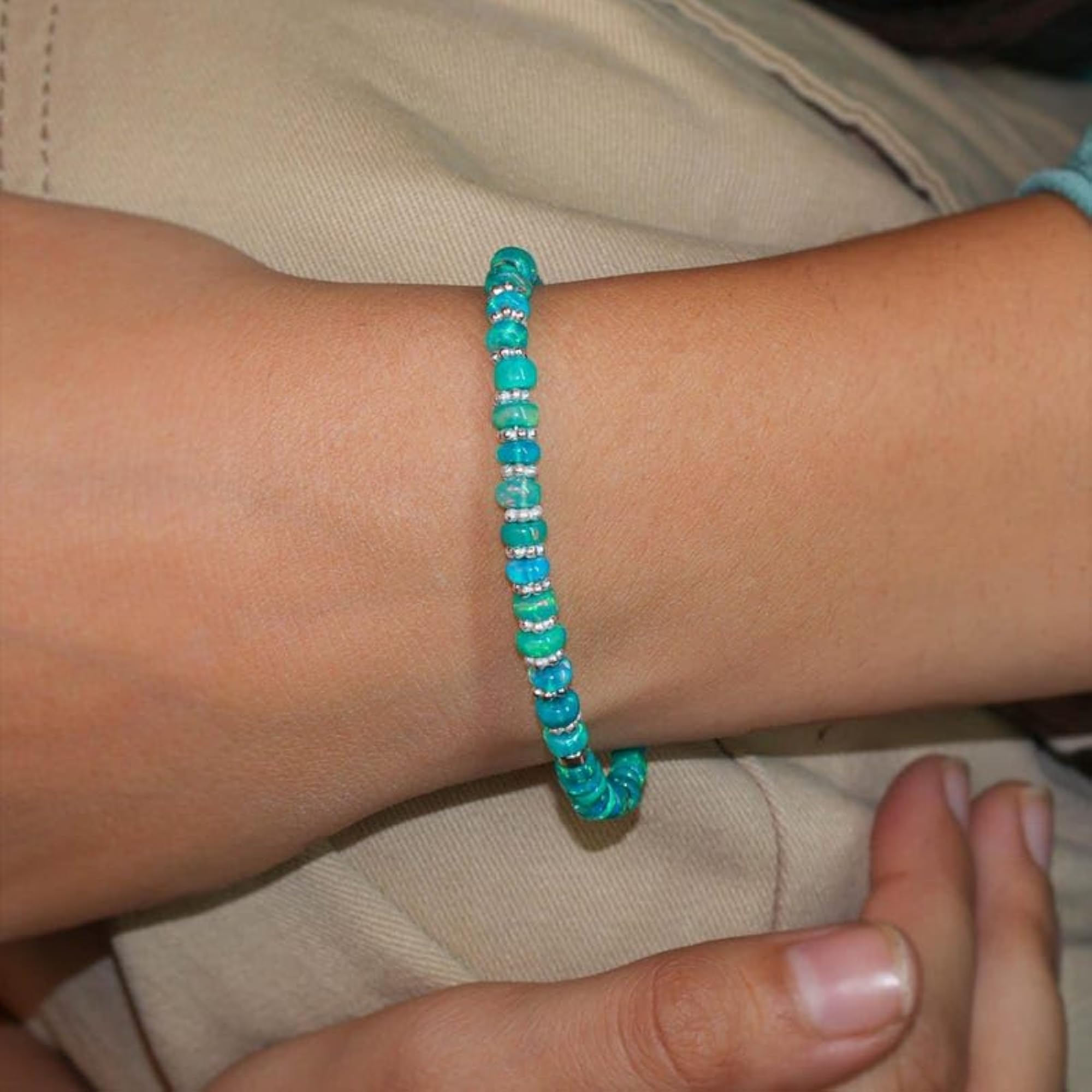 Ethiopian Green Opal Rondelle Beaded Bracelet, Adjustable