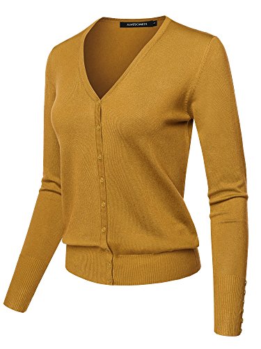 Basic Solid V-Neck Button Closure Long Sleeves Sweater Cardigan Mustard L #TOP2