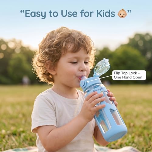 Image of Atarangi Round Sky Blue Kawaii Water Bottle 700ml for Kids | Leak Resistant Flip Top Lid | 90 Rotatable Handle | Durable Plastic Drinking Bottle for School, Travel & Daily Use (Sky Blue | 700 ml)