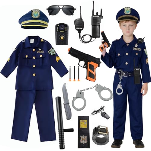 XM-mengpanwei Disfraz Policia Niño, Disfraz de Policia Niño de Juego Rol,con Policía Camisa Pantalones Cinturón Sombrero Policía Placa Esposas Porra Police Walkie Talkie para Niños Halloween Carnaval