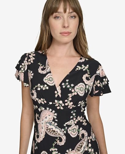 Image of Tommy Hilfiger Women's Flutter Sleeve V-Neck Ruffle Trim Chiffon Mini Dress