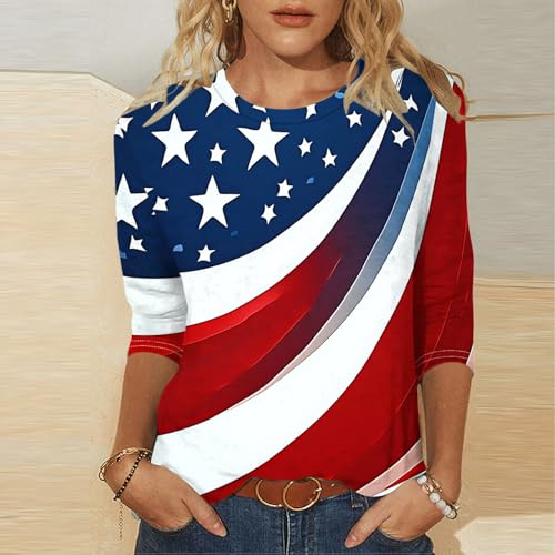 Image of Fourth of July Shirts for Women 3 /4 Sleeve Summer Tops American Flag Print T Shirt Patriotic 4th of July Shirts 2025