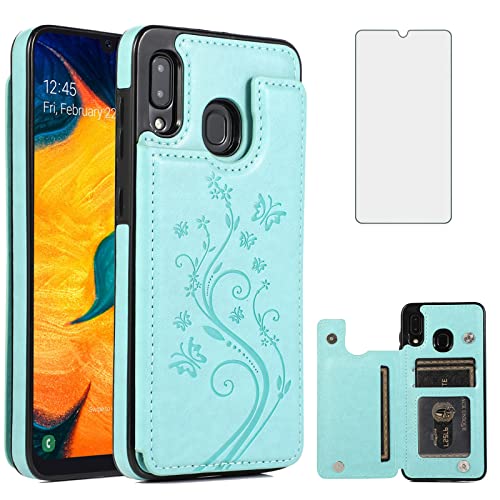 Phone Case for Samsung Galaxy A20 A30 with Tempered Glass Screen Protector Card Holder Wallet Cover Stand Flip Leather Cell Accessories Glaxay M10s A 20 30 Gaxaly 20A SM A205G Cases Women Girls Green