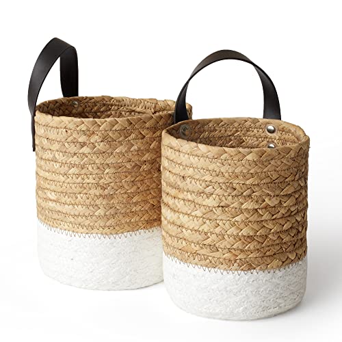 Wall Hanging Small Storage Baskets - Water Hyacinth & Paper Woven Hanging Baskets Set 2, Garden Planters Baskets