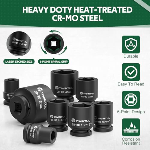 Image of 3 /4 inch Impact Socket Set 30 PCS, SAE 11 /16 inch - 2 inch & Metric 17-60mm | 6-Point Design, CR-MO Steel, Rugged Construction, Heavy Duty Large Impact Sockets for Construction & Agricultural Machinery