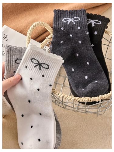 OYOANGLE Women's 5 Pairs Cute Bow Frilly Crew Socks Set Polka Dots Comfortable Everyday Socks3