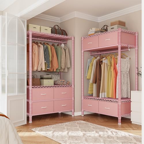 Image of Raybee Clothes Rack with Drawers, 35 inch W Pink Clothing Rack Load 450LBS for Bedroom Apartment Dorm, Heavy Duty Metal Portable Closet with Adjustable Shelves, Multi-Function, Easy Assembly