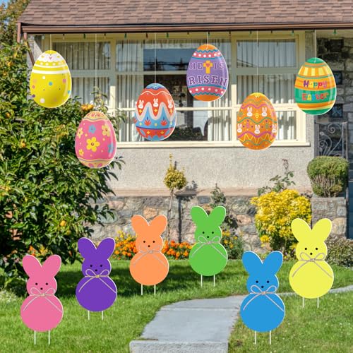 DECEED 12Pcs Easter Yard Signs Outdoor Decorations Easter Egg shaped Garden Signs & Bunny shaped Garden Signs Colorful Bunny Yard Sign(6Pcs Eggs, 6Pcs Bunnies)