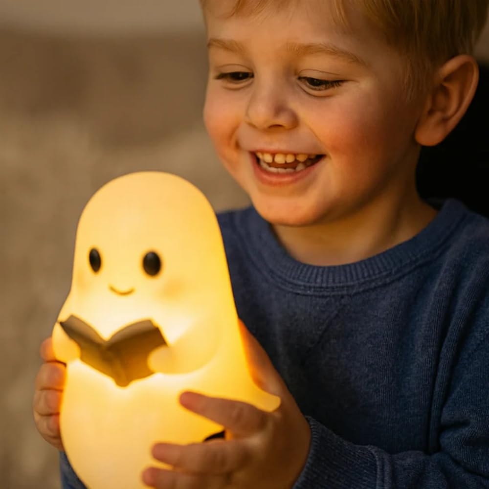 NachtGeist - Ein kleiner Geist, der Wärme & Licht spendet Leselampe mit warmem Licht, bezaubernde LED - Geisterlichter, perfekt für Halloween & Buchliebhaber, Wohn -/Schlafzimmer Deko