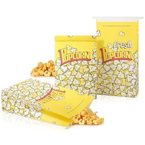 Bakbania 50 Pack Paper Popcorn Food Bags 11.4x6.1x3.1 Inch Bakery Cookie Bags with Tin Tie Tab Lock for Popcorn Machine Supplies