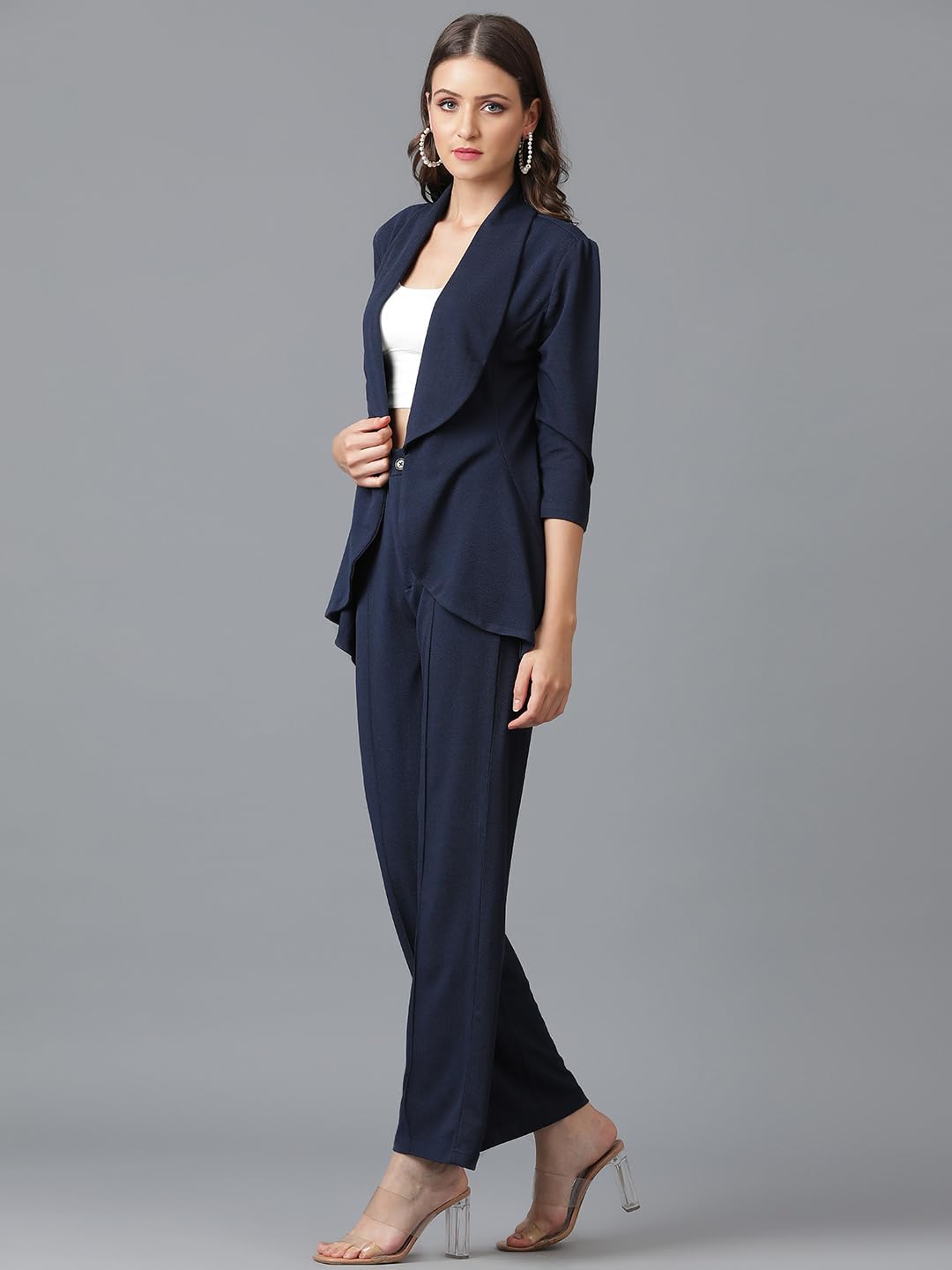 KOTTY Women's Solid Relaxed Fit 3/4 Sleeve Co-ord Blazer and Trouser Set. Navy Blue 1